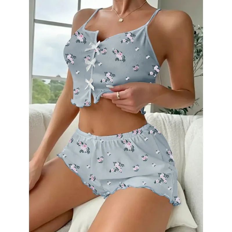 Damen Sexy Pyjamas Herz Wimpern Bedrucktes Pyjama Set V-Ausschnitt Camisole Top Shorts Loungewear