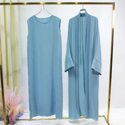 2 Bilder Muslimische Sets Muslim Jilbab Zwei Stücke Frauen Heraus Abaya Lose Strickjacke Mantel Ärmelloses Innenkleid Gebetskleidung mit Gürtel.
