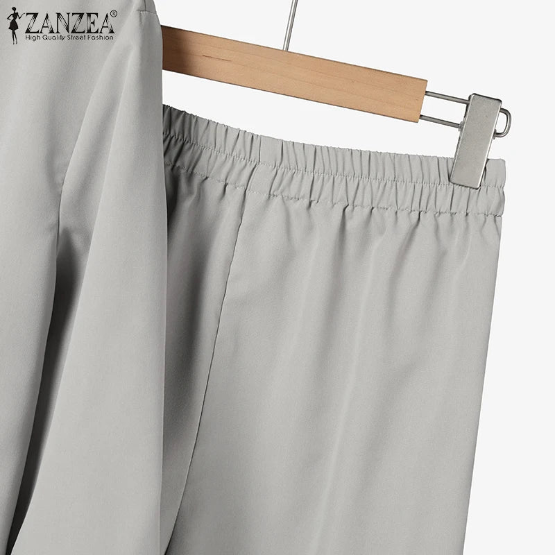 2025 ZANZEA Autumn Outfits 2PCS Women Work Matching Sets Fashion Spring Long Sleeve Blouse Pant Sets Casual Solid OL Tracksuits