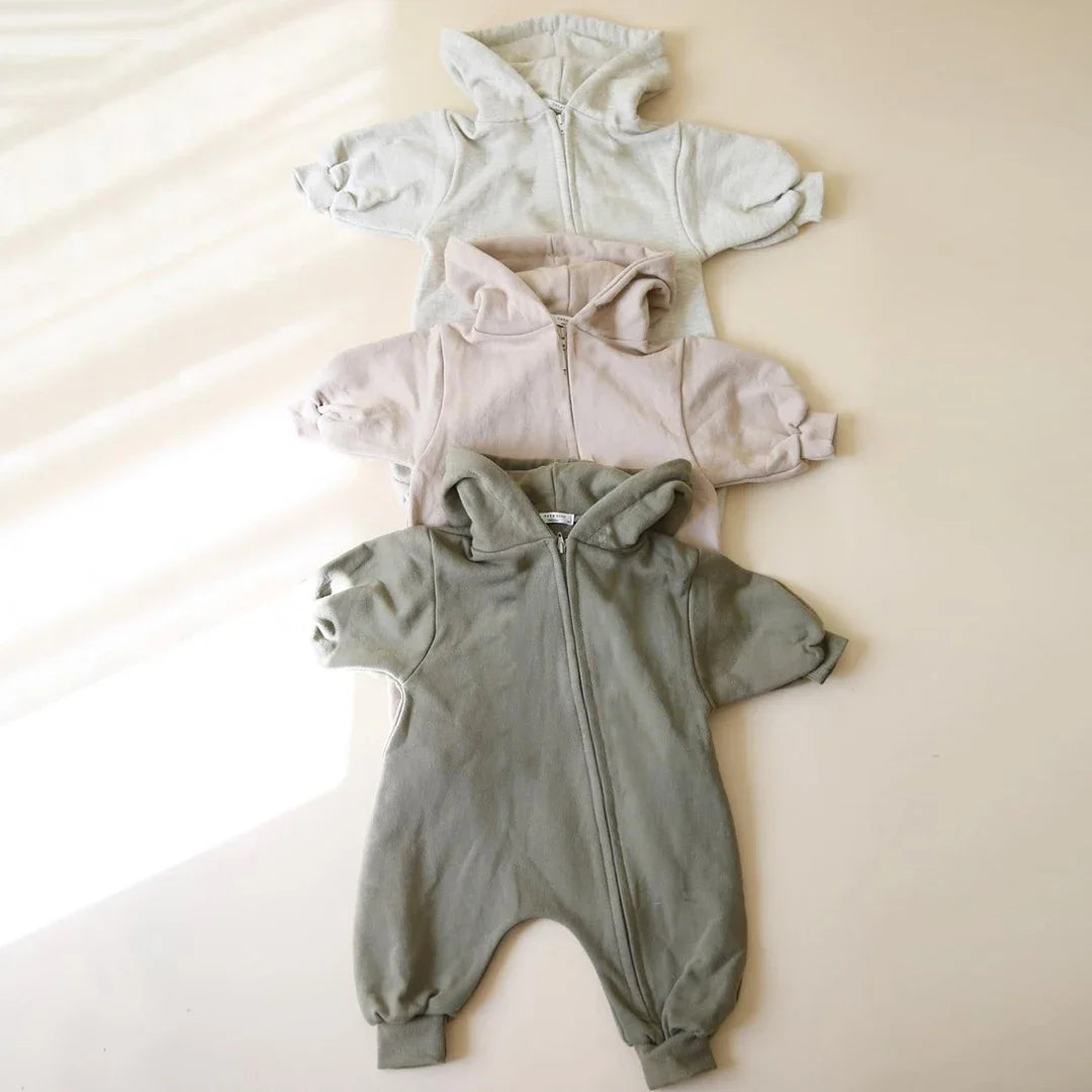 2024 Baby Kapuze Reiß verschluss Bodysuit Neugeborene Jungen und Mädchen Bergsteiger Anzug einfarbig Bodysuit Long Fit Sport Kletter anzug.