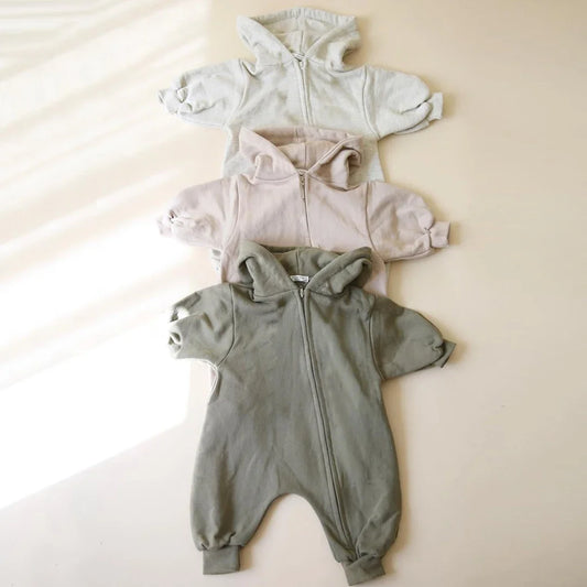 2024 Baby Kapuze Reiß verschluss Bodysuit Neugeborene Jungen und Mädchen Bergsteiger Anzug einfarbig Bodysuit Long Fit Sport Kletter anzug.