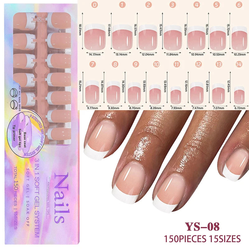 150Pcs/Box Acrylic Press on Nails Full Cover Fake False Tips Soft Gel Extension T-shaped Oval Capsule Almond Sculpted Salon DIY.