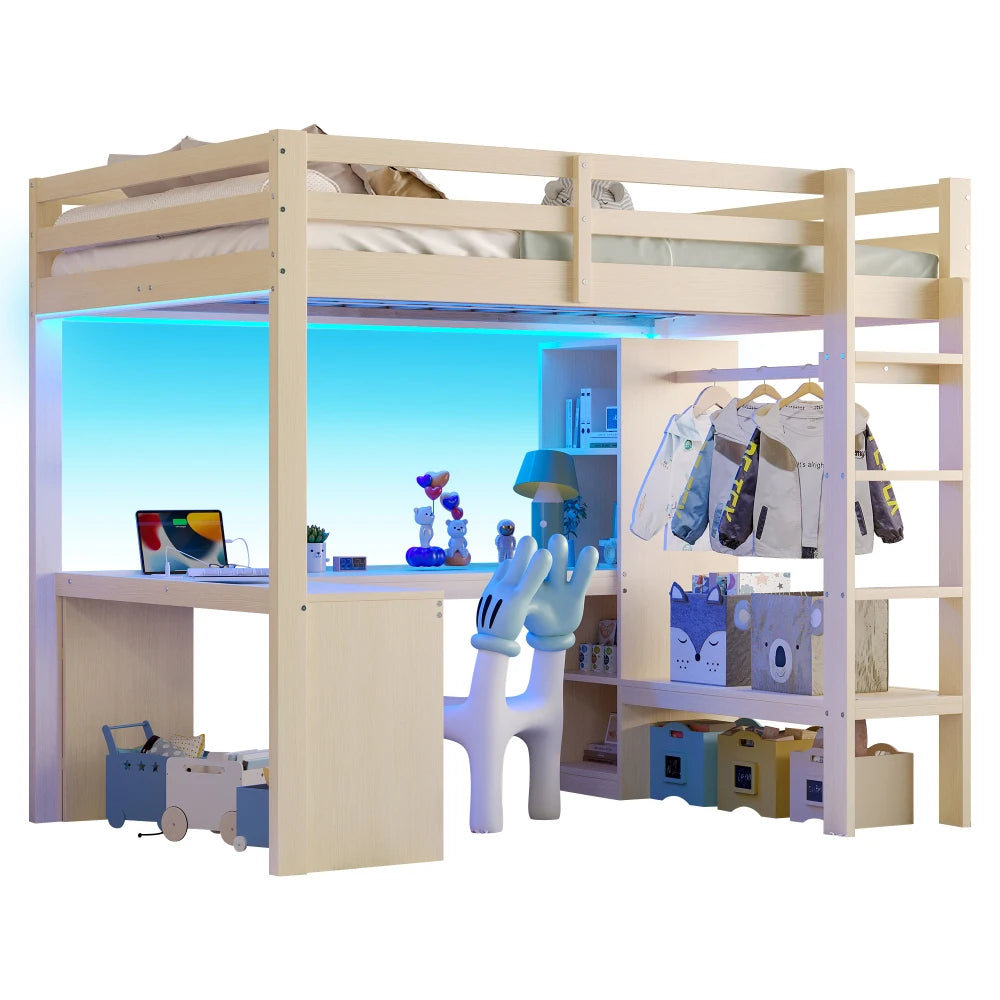 Modernes Kinder-Hochbett 140 x 200 mit Multifunktionsregalen, Unterbett-Schreibtisch, LED-Licht und USB, Kleiderschrank mit Stauraum, für Schlafzimmer