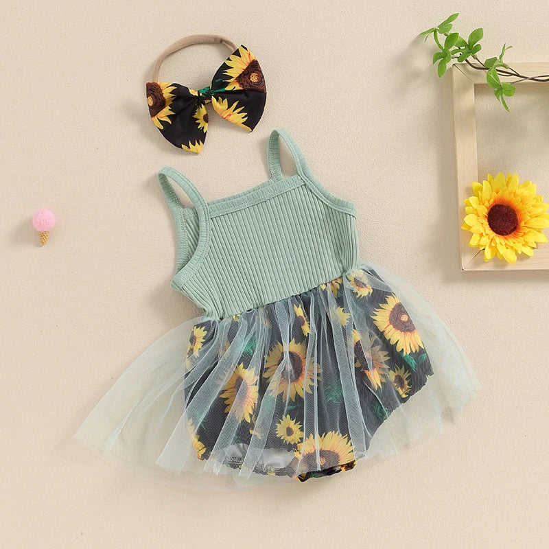 Baby Stram pler Kleid Sonnenblumen Print Spaghetti träger Tüll Rock Saum Baby Body suits Overall Sommerkleid ung mit Stirnband.