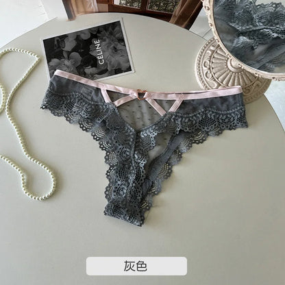 SP&CITY Thin Lace Embroidery Sexy Thongs Love Metal Transparent Women's Underwear Soft Cotton Crotch Hollow Out Panties Tanga.