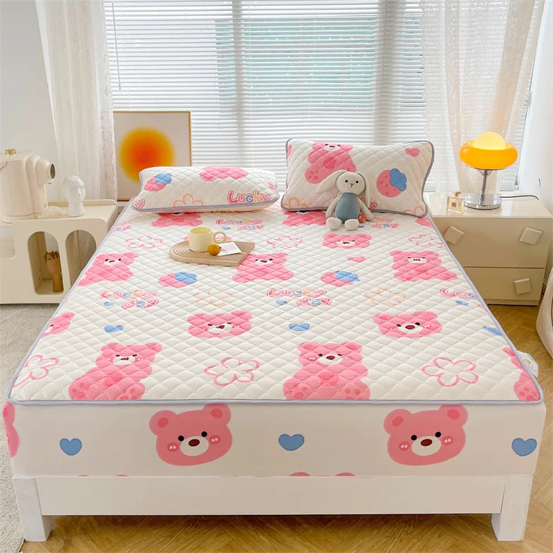 Floral Fitted Sheet Queen Size Bed Cover Thicken Bedsheet Quilted Mattress Protector tampa de colchão (Pillowcase Need Order).