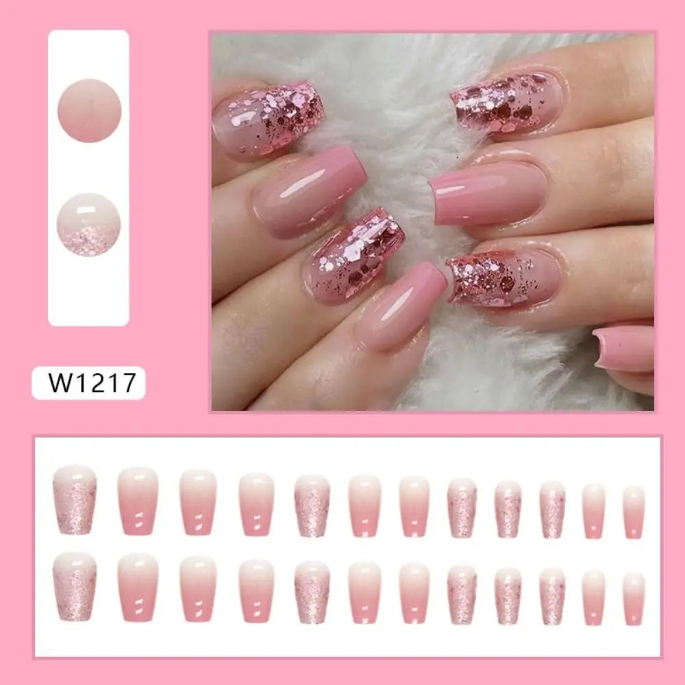 24pcs Gradient Fake Nails French Ballerina Nail Waterproof Faux Medium Coffin false nails Fingernails Press on Nails Tips.