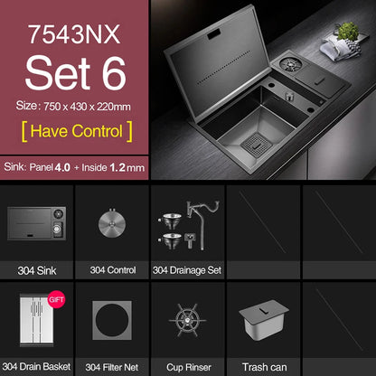 ASRAS Nanometer Hidden Flip Cover kitchen Island Sink 4mm Thickness Handmade Cup Rinser And Trash Can Kitchen Sinks