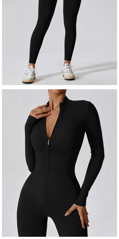 Fall New Long Sleeve Zipper Tight Butt Show Fitness Pants Women Running Sports Training Yoga Clothes Black One-Piece Suit.