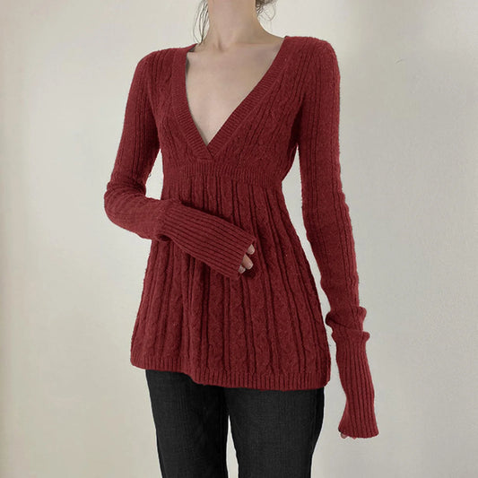 Y2K Zopfmuster-Pullover für Damen, weicher Pullover mit V-Ausschnitt, Tunika, solider A-Linien-Saum, langer Pullover, dehnbar, lässig für Herbst und Winter.