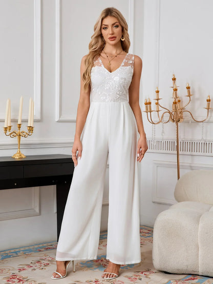 Sexy V-neck White Chiffon Lace Romper Wide Leg Wedding Party Banquet Women's Cross-border Clothing Lace Long Pants.