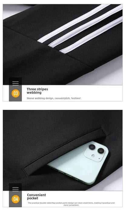 New Casual Men's Sport Suit Striped Ankle-Length Cotton Stand Collar Jacket With Three Buttonts Slim Fit Pants 2-Piece Set