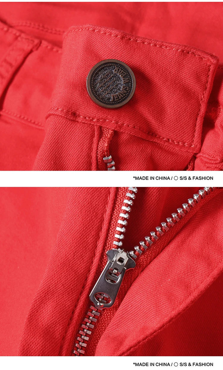 Spring and Autumn Men's Multi-Pocket Design Jeans Fashionable and Versatile White Khaki Red Comfortable Stretch Denim Pants