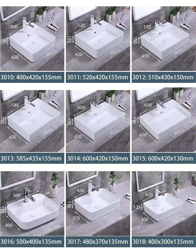 Hotel Commercial Square Weiß Keramik Aufsatzwaschbecken Waschtisch Waschtisch Porzellan Multi-Size für Badezimmer Balkon