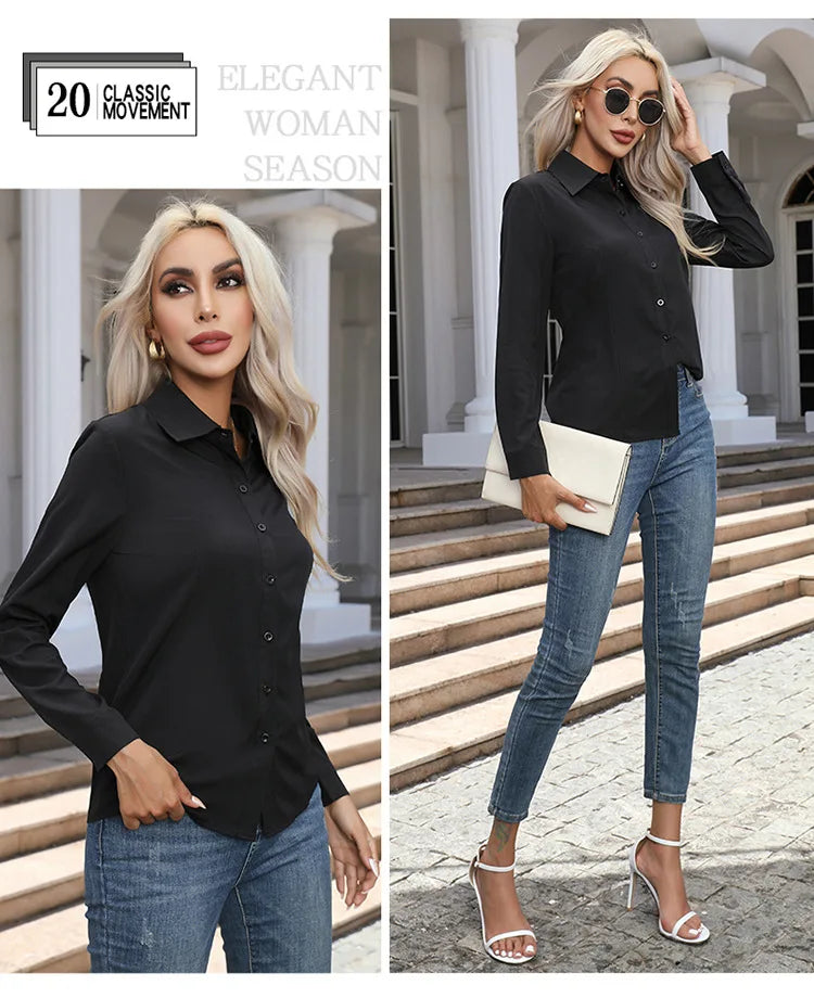1pcs Woman Spring Autumn Solid color Shirts Lady Casual Long Sleeve Turn-down Collar Loose Shirt Female Fashion Temperament Tops.