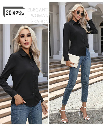 1pcs Woman Spring Autumn Solid color Shirts Lady Casual Long Sleeve Turn-down Collar Loose Shirt Female Fashion Temperament Tops.