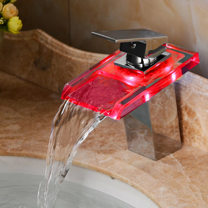 Smart Bathroom Faucet with Temp Light, Anti-Scald LED Indicator, Brass Construction, Waterfall LED Faucet, LED Color Changing