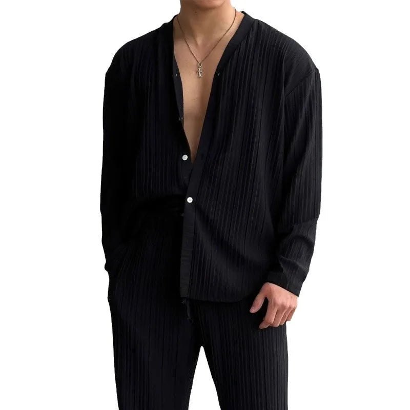 Thin Solid Color Sexy Deep V Cardigan Knitted Sweater Shirt Casual Fashion Suit Two-piece Sets for Men.