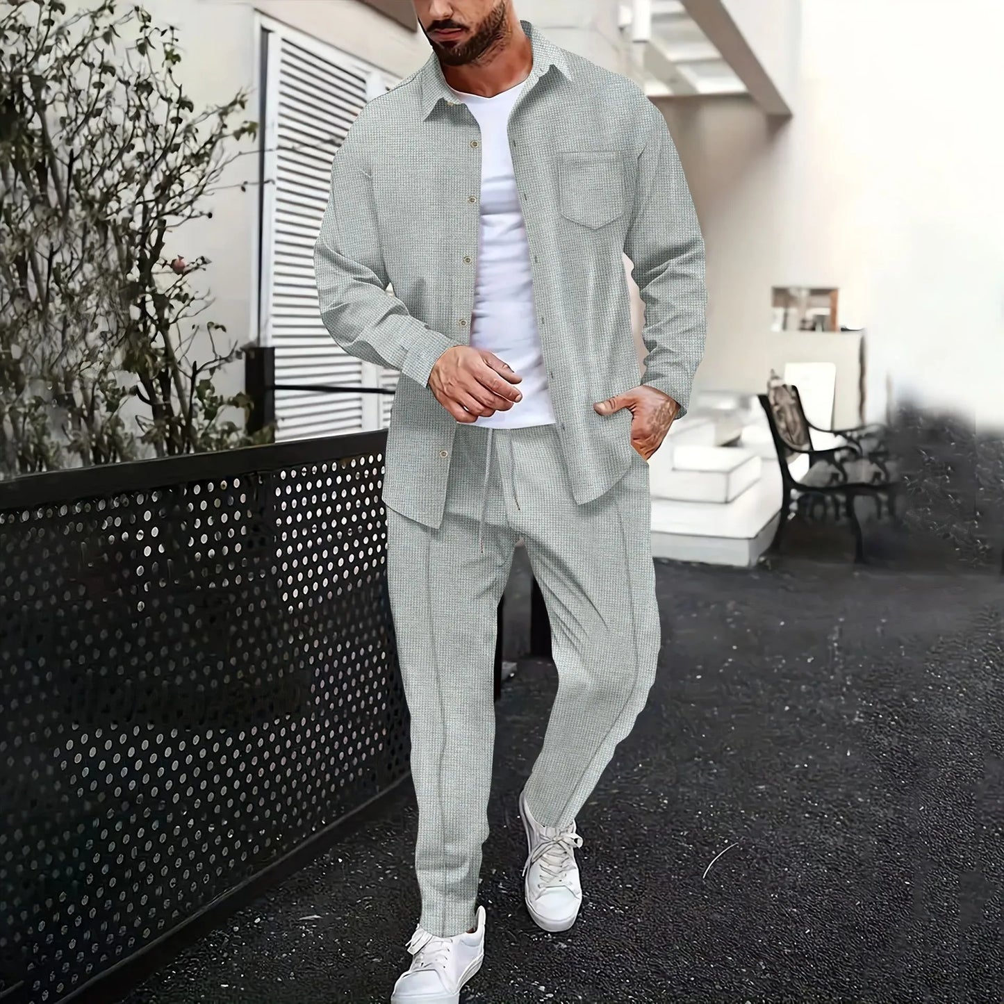 2025 Spring and autumn new men's daily casual waffle cardigan long-sleeved shirt two pants suit.