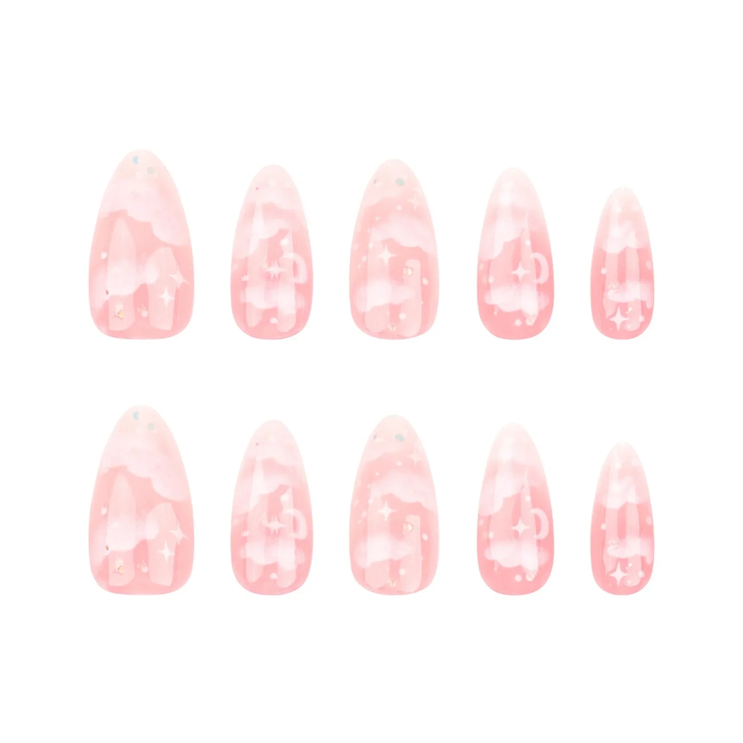 24Pcs Pink Cloud Sweet Star Moon Acrylic Nails Press on Almond Wearable Full Cover False Nails Art Tips Fingernail Beauty.