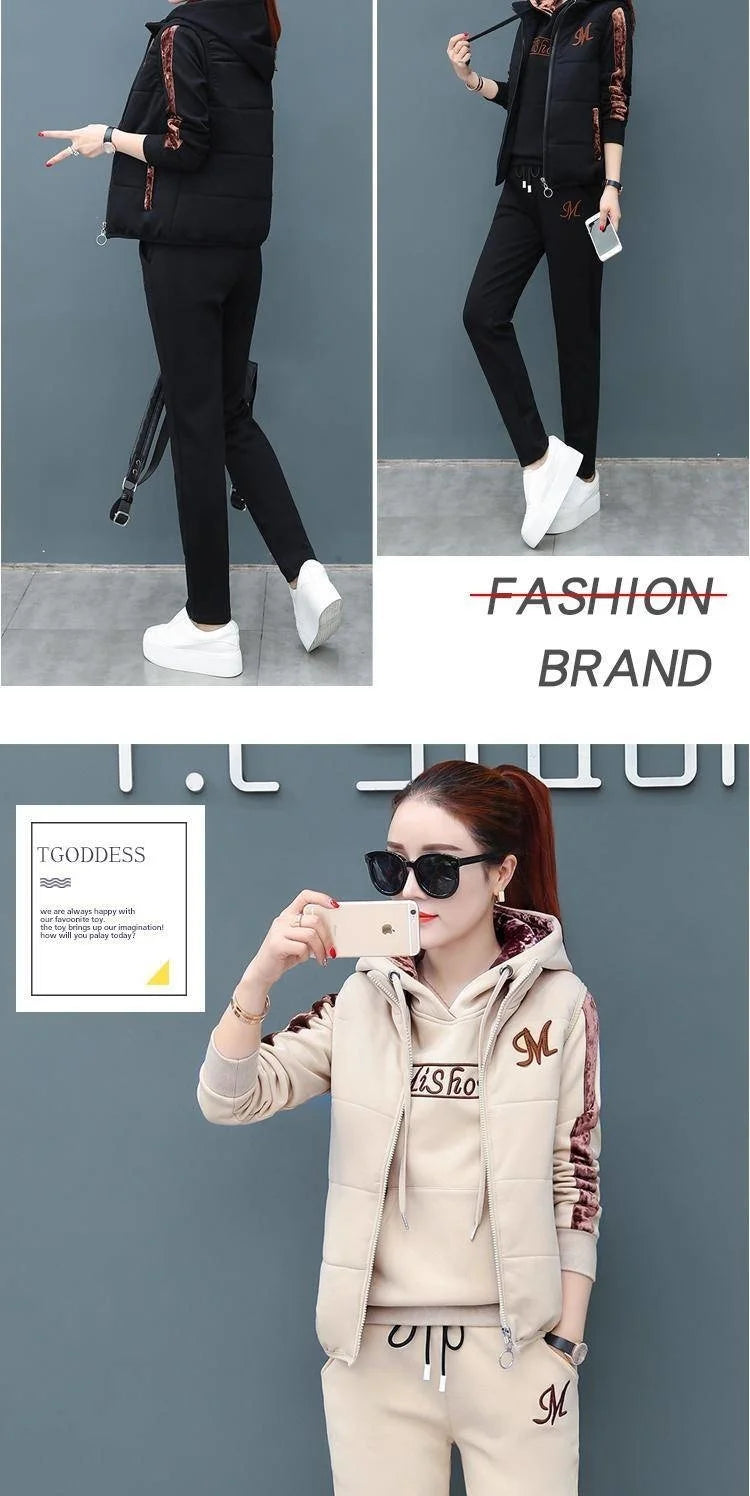 2024 Autumn Winter New Women's Casual Sweat Suit Fashion Plush Thickened Hooded Tops Waistcoat Pants 3 Three Piece Set For Women.