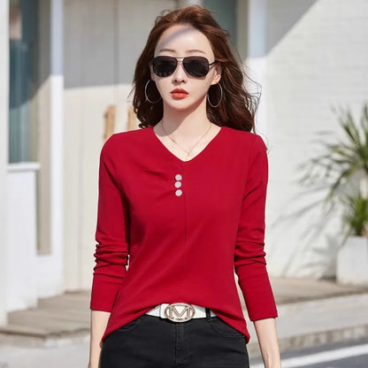 Wine red pure cotton long sleeved t-shirt for women's spring and autumn new style V-neck fashionable casual plus size loose top