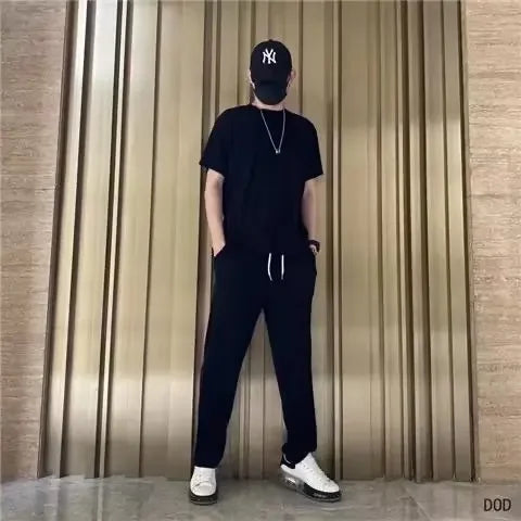 High-End Ice Silk Men's Sports Suit Casual Home Use Long Pants Short Sleeves Quick Drying Top Set Summer Collection.