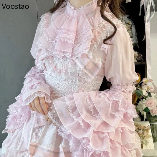 Victorian Elegant Lolita Style Shirts Japanese Women Vintage Gothic Lace Ruffles Flare Long Sleeve Blouses Sweet Y2k Slim Tops.