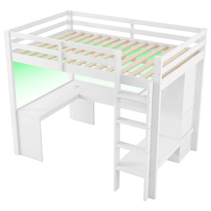 Modernes Kinder-Hochbett 140 x 200 mit Multifunktionsregalen, Unterbett-Schreibtisch, LED-Licht und USB, Kleiderschrank mit Stauraum, für Schlafzimmer