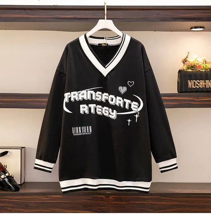 150Kg Plus Größe frauen Fehlschlag 157 Frühling Herbst Lose V-ausschnitt Langarm Drucken Sweatshirts Lässige Top Schwarz 5XL 6XL 7XL 8XL 9XL.