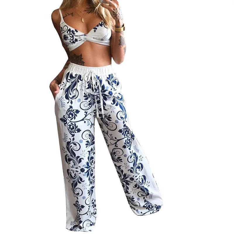 Sexy Two Piece Set Women Outfit 2025 Summer Butterfly Print V-Neck Cropped Top High Waist Drawstring Casual Wide Leg Pants Sets