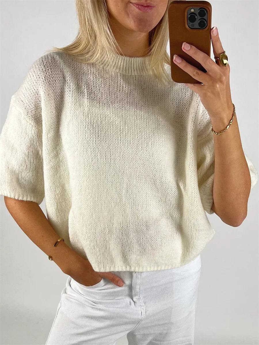 Damen Frühling Herbst Strickpullover Halbarm O Hals Einfarbig Lässige Strickwaren.