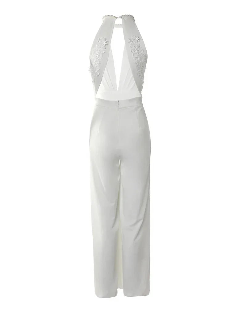 Women Jumpsuit Cutout Lace Patch Sheer Mesh Ruched High Waist Spring Summer Overall Jumpsuits Pants High Waist Pantsuit 2024.