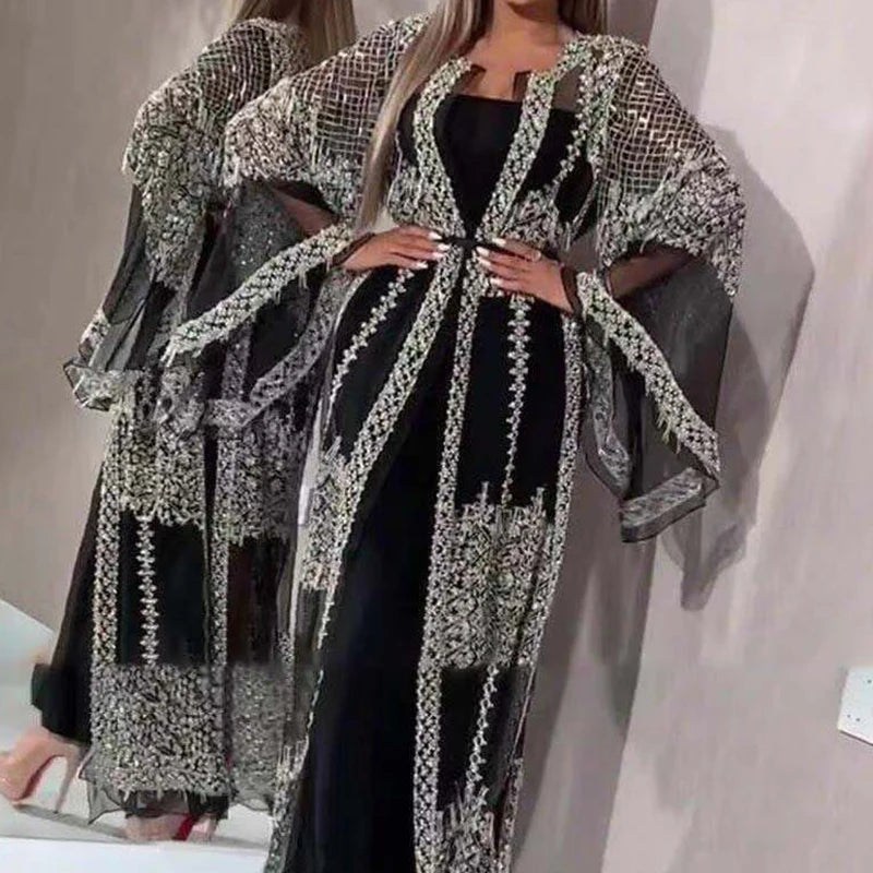 Elegante Frauen Glitter Ausgestelltes Langarm Langes Kleid Vintage Französisch Abendkleid Sexy Damen Mesh Patchwork Split Party Kleider.