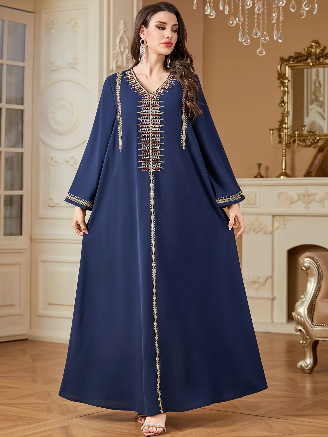 Elegant V-Neck Beading Embroidery Abaya For Muslim Woman 2025 Casual Loose Moroccan Saudi Dubai Kuwait Morocco Stylish Kebaya.