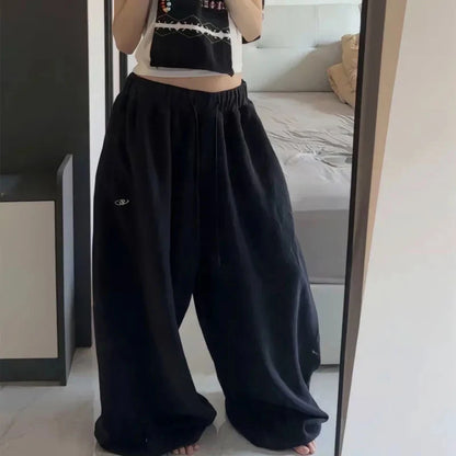 Oversize Cotton Pants Woman Y2K Casual Drawstring Trousers Korean Streetwear High Waist All Match Jogger Pants Grey Sweatpants.