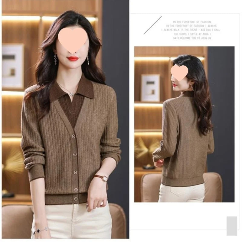 Gestrickte Frauen Top Lange Ärmeln Faux Zwei-Stück Pullover Frühling Herbst drehen-unten Kragen Modische Stilvolle Pullover Basis schicht Top.