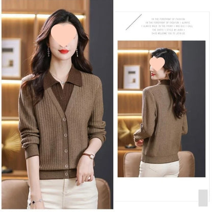 Gestrickte Frauen Top Lange Ärmeln Faux Zwei-Stück Pullover Frühling Herbst drehen-unten Kragen Modische Stilvolle Pullover Basis schicht Top.