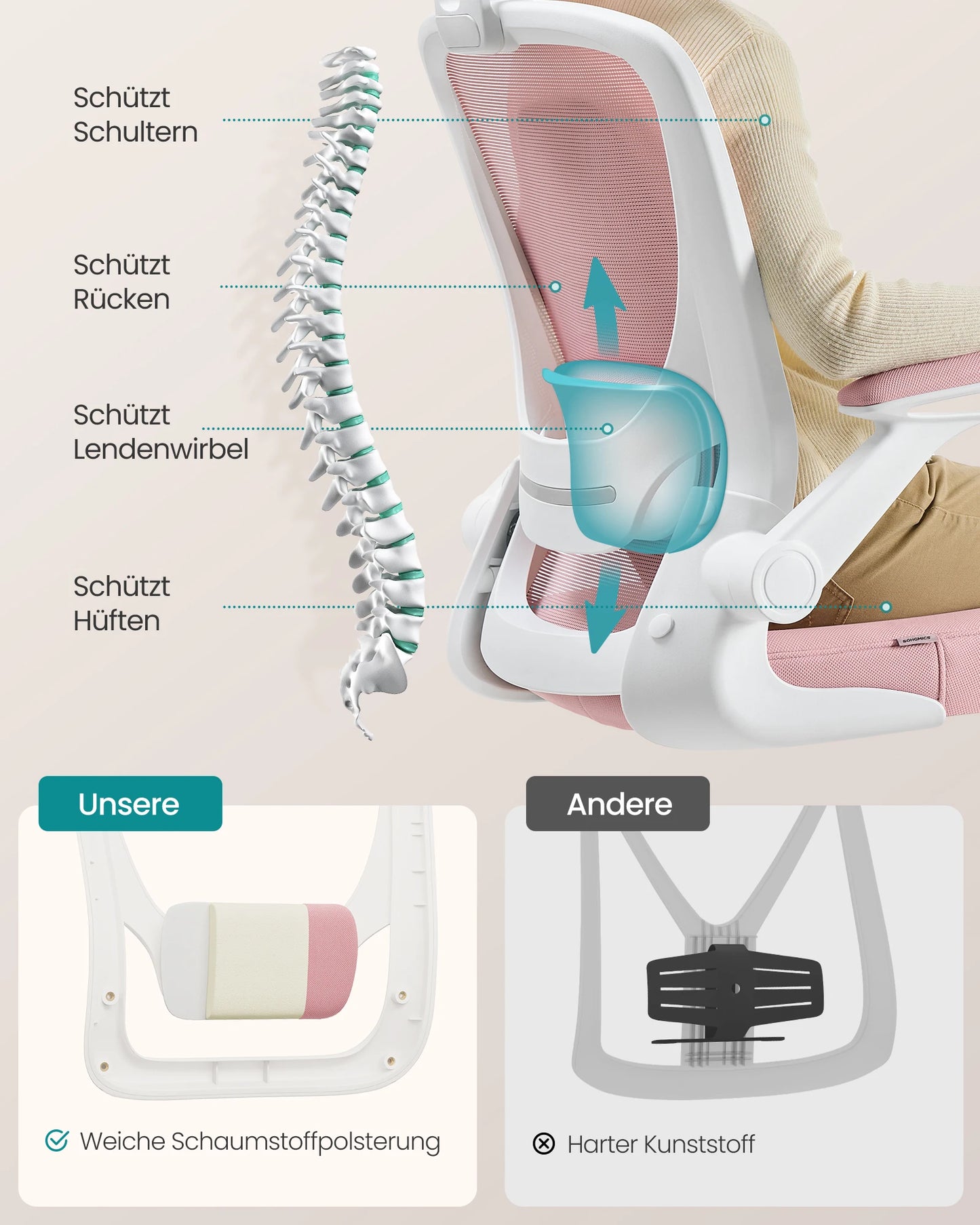 SONGMICS Bürostuhl ergonomisch, Schreibtischstuhl, Drehstuhl mit Mesh, gepolsterte Lendenstütze, Wippfunktion