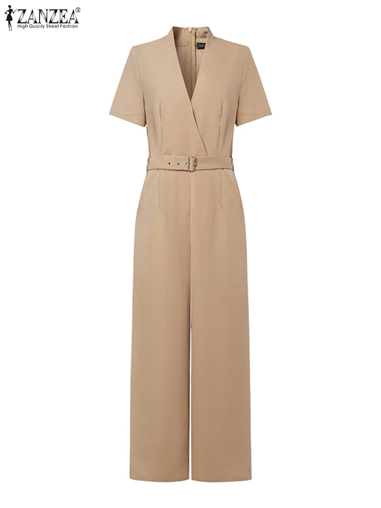 ZANZEA Street Fashion High Waist Jumpsuits Women Workwear Belt Rompers Solid Deep V Neck Elegant Office Lady Long Overalls