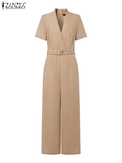 ZANZEA Street Fashion High Waist Jumpsuits Women Workwear Belt Rompers Solid Deep V Neck Elegant Office Lady Long Overalls