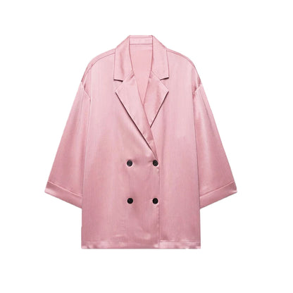 Women's Double-Breasted Loose Blazer Coat and High Elastic Waist Wide Leg Pants, Female Two Piece Sets, Fashion.