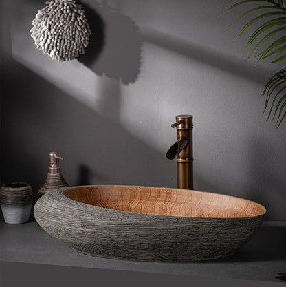 JIENI Art Keramik-Badezimmer-Waschbecken-Set, ovales Waschbecken, antikes Messing, Bambus-Wasserhahn, Pop-Up-Abfluss-Kombination, hochwertige Waschbecken aus Porzellan