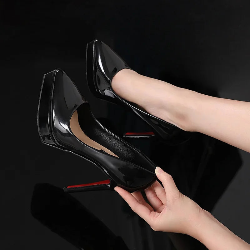 Women Pumps Brand 10CM 12CM Thin High Heels Black PU Slip On Pointed Toe Dress Office Career Party Wedding Waterproof Lady shoes.