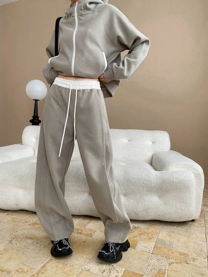 Spring and Autumn Women's Casual Solid Color Loose Hooded Sweatshirt+High Waist Loose Pants Set
