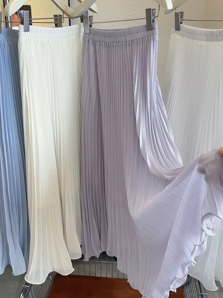 Women's Summer Elegant Pleated Elastic Waist Chiffon Long Skirt Lady High Waist A Line Streetwear Solid Color Skirt.