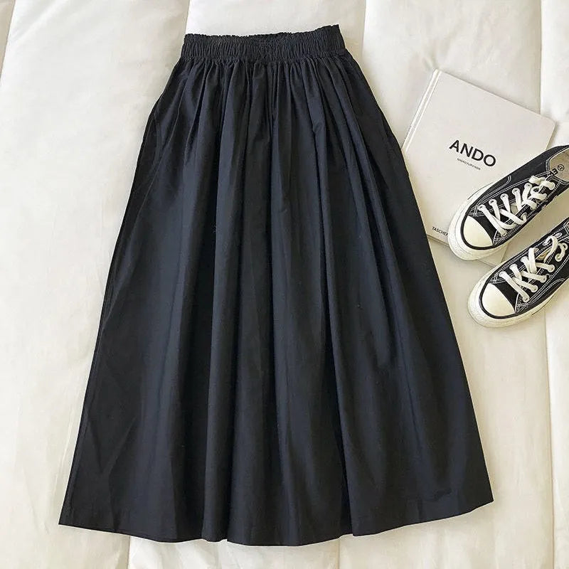 Women Black skirt midi High waist korean style Pleated a line Vintage Clothing 2025 new Summer Casual Fashion Ladies Work Wear.