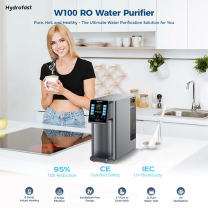 Hydrofast W100 Countertop Water Purifier,Food-Grade Materials,Hot & Ambient Water,8 Temperatures,Comprehensive UV Sterilization.