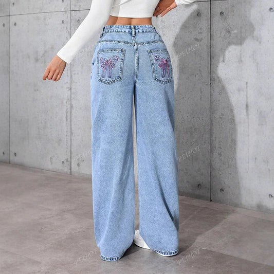 Fashionable Loose Women's Jeans High Waist Straight Leg Summer New Style Printed Trendy Cross-Border Denim Pants.