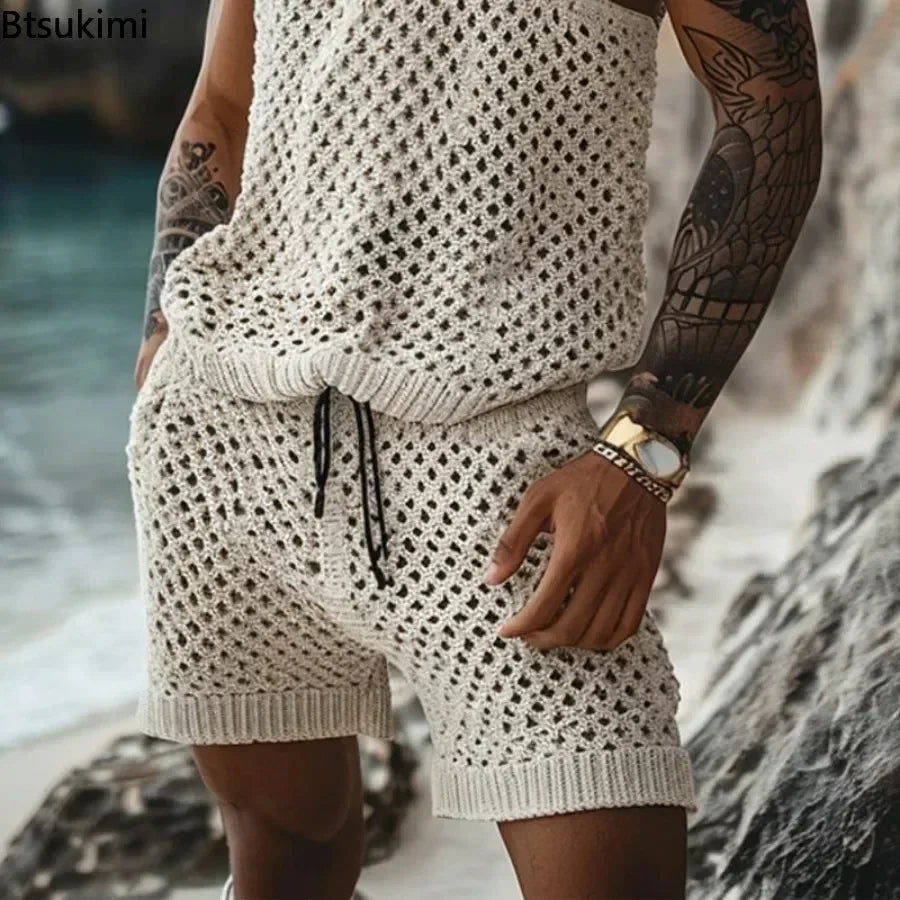 2025 Men's Summer Casual Knit Two-piece Sets Fashion Solid Loose Tank Tops and Shorts Beach Sport Suit Men Hollow Out Streetwear.